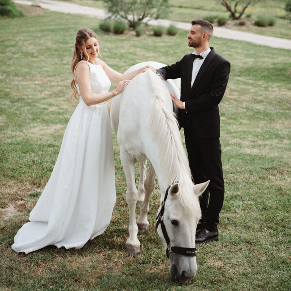 chevaux Couple de mariés autour d'un cheval blanc - Raja Agency
