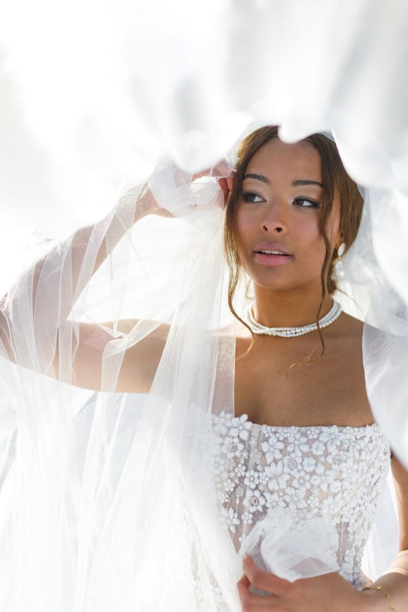 Mariée regardant au loin, vue sous son voile, elle a un collier de perles blanches Mariée regardant au loin, vue sous son voile - Raja Agency